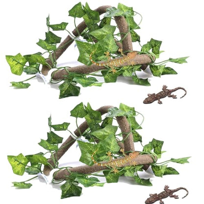 Reptile Vines and Flexible Reptile Leaves, 2PCS Bendable Reptile Branches Plants for Terrarium, Fake Plants for Reptiles Climbing Decor with Suction Cup Chameleon Cage Accessories (Rattan + ivy - size: Rattan + ivy leaves