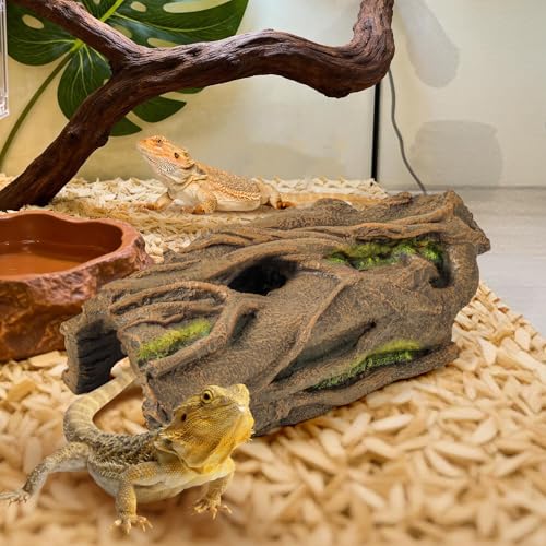 Lizard Snake or Reptile Hide, Large Reptile Hideout Hollow Tree Trunk Ornament Bearded Dragon or Gecko Tank Accessories Terrarium Decor with Peek-Through Hole