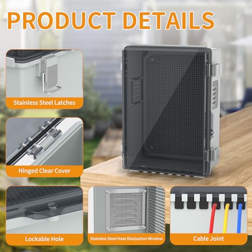 Joinfworld Outdoor Waterproof Electrical Junction Box 11.8x6.7x5.6 | WiFi Enclosure, Vented Electric Box, Plastic Clear with Mounting Panel, Cable Grommet, Stainless Steel Dust Screen - size: Medium