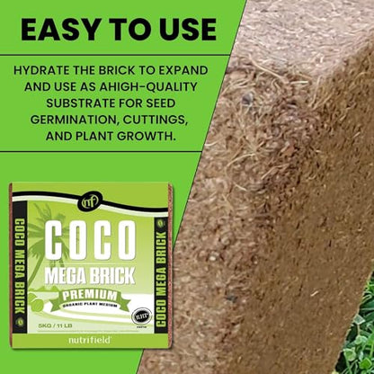 Nutrifield Coco Mega Brick 5kg | Compressed Coconut Coir Block Expands to 55L | Premium Quality Hydroponic Growing Medium, Pre-Buffered, Low EC Substrate for Indoor Outdoor Plants