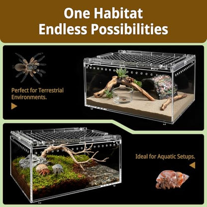 Reptile Terrarium Starter Kit, PC Habitat w/Magnetic Lid & Full Ventilation, Scorpion Habitat, Tarantula Enclosure, Spiders Cage, Insect Terrarium, Mantis & Small Frog Terrarium, 8"x6"x4" Assembled