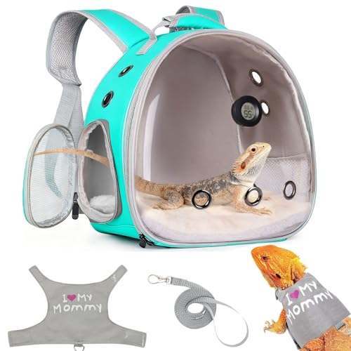 Bearded Dragon Travel Backpack Carrier with Reptile Thermometer and Humidity Gauge Lizard Travel Cage Space Capsule Clear Bubble Window Astronaut Reptile Bag for Ball Python (Green, Backpack+I LSH) - color: Green, size: Backpack+I LSH