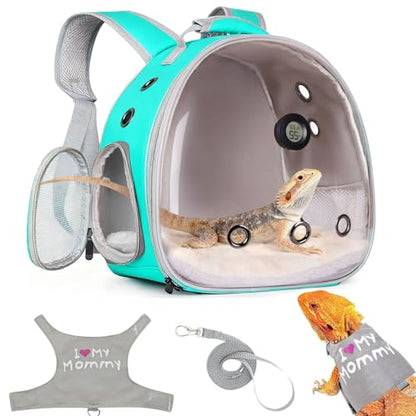 Bearded Dragon Travel Backpack Carrier with Reptile Thermometer and Humidity Gauge Lizard Travel Cage Space Capsule Clear Bubble Window Astronaut Reptile Bag for Ball Python (Green, Backpack+I LSH) - color: Green, size: Backpack+I LSH