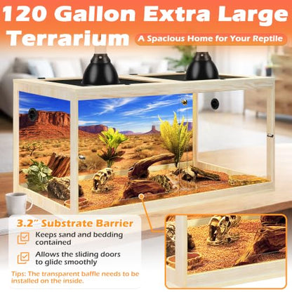 PROLEE 120 Gallon Bearded Dragon Tank, 4x2x2 Reptile Enclosure with Tempered Glass Sliding Doors, Lockable Front Opening and Metal Mesh Top, Large Terrarium for Lizards and Snakes, Oak - color: Oak