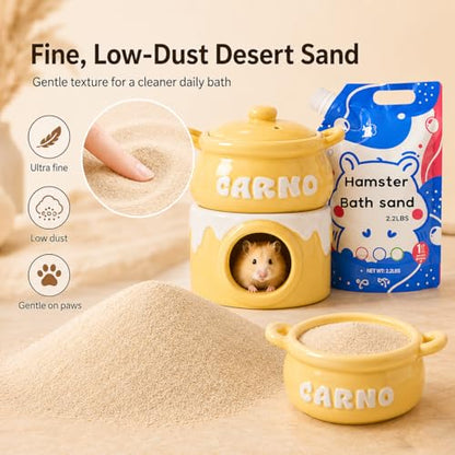 Meow&Woof Ceramic Hamster Hideout & Natural Desert Bath Sand Set, 4-in-1 Cooling Ceramic Cave with 2.2 lb Unscented Low-Dust BathSand, Small Animal House, Bowl and Daily Care Set