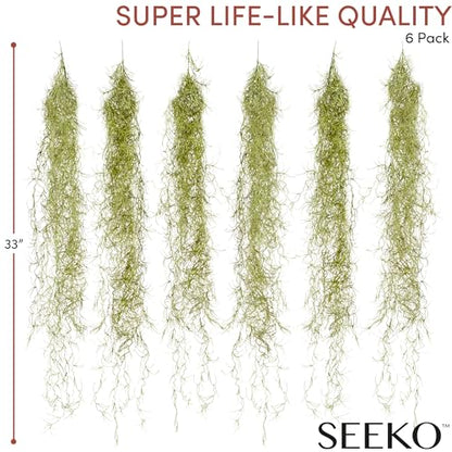 SEEKO Succulents Fake Spanish Moss 6 Pack, 33" – Premium Artificial & Faux Moss Decor