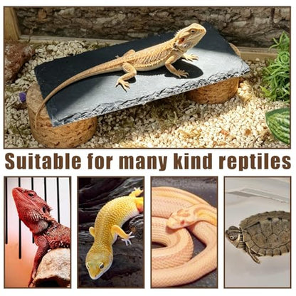 Bearded Dragon Basking Rock Platform,Reptile Basking Slate Rock with Wooden Stump,Leopard Gecko Hides and Caves Tank Accessories for Lizards,Snakes,Turtle,Ball Pythons