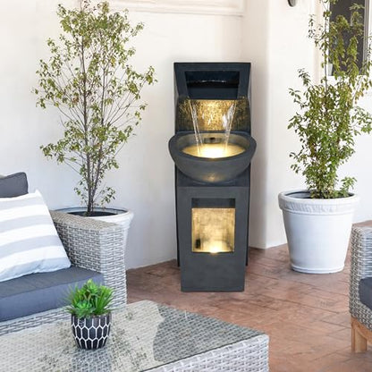 Alpine Corporation 41" Tall Outdoor Basin Waterfall Floor Fountain with LED Lights for Garden, Patio, Lawn and Backyard Decor, Gray - style: 41"H - Basin Fountain w/ LEDs