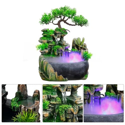 11-Inch Tabletop LED Waterfall Fountain with Mist Effect – Quiet Resin Rockery Indoor Fountain for Bedroom, Office, Meditation & Home Décor