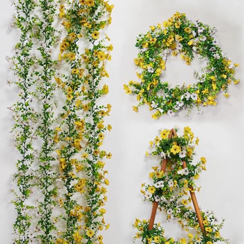 4 Pcs Faux Flowers Garland Plant, Artificial Vines Hanging Flowers Leaves Greenery Garland for Wedding Backdrop Arch Wall Decor, 6 Feet/pcs UV Resistant Indoor Outdoor - color: Yellow + White