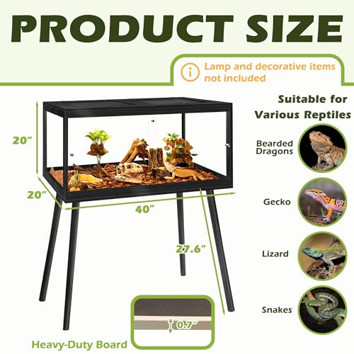 PROLEE Bearded Dragon Tank with Leg Stand 62 Gallons, Acrylic Panel Lizard Tank, Reptile Tank with Metal Mesh Roof Door (Black, 40"x20"x20") - color: Black, size: 40"x20"x20"