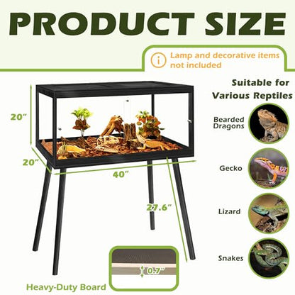 PROLEE Bearded Dragon Tank with Leg Stand 62 Gallons, Acrylic Panel Lizard Tank, Reptile Tank with Metal Mesh Roof Door (Black, 40"x20"x20") - color: Black, size: 40"x20"x20"
