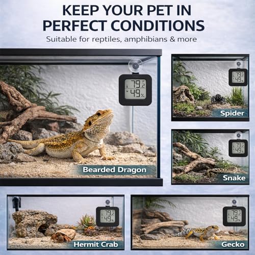 Suction Cup Reptile Thermometer Hygrometer,Large Screen °F/°C Temp&Humidity Gauge for Terrarium Tank Enclosure,Strong Hold,for Gecko,Bearded Dragon,Snake,Tortoise,Hermit Crab,Jumping Spider (1 Black) - color: 1 Black