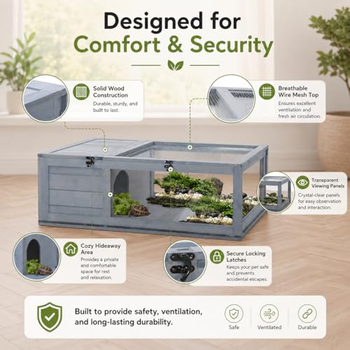 Wooden Tortoise Enclosure with Hideaway, Mesh Top and Clear Panels, Gray, 35.75" x 23.75" x 12.5", Indoor & Outdoor