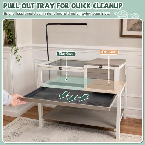 Large Tortoise Habitat with Adjustable Lamp Stand & Storage Shelf, Wooden Tortoise Enclosure with Viewing Window, Pull-Out Tray, 2-Room Reptile Turtle Enclosure House Indoor & Outdoor, Grey - size: 40.4"L x 23.0"W x 32.0"H