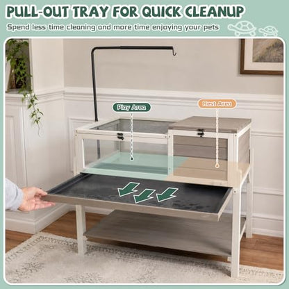 Large Tortoise Habitat with Adjustable Lamp Stand & Storage Shelf, Wooden Tortoise Enclosure with Viewing Window, Pull-Out Tray, 2-Room Reptile Turtle Enclosure House Indoor & Outdoor, Grey - size: 40.4"L x 23.0"W x 32.0"H