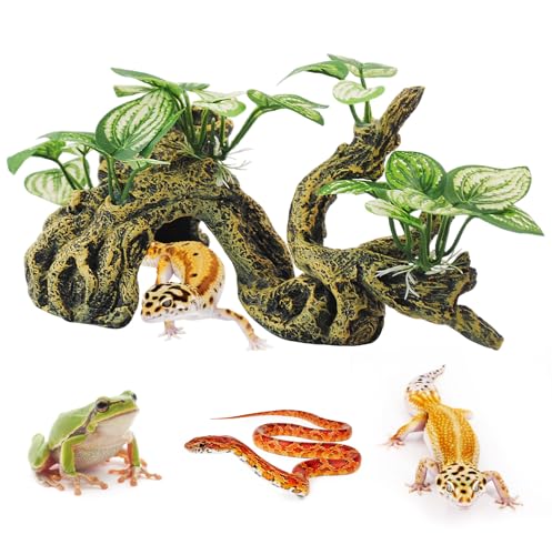 PINVNBY Resin Branch for Reptile Tank,Crested Gecko Climbing Branches with Hideout Cave Bearded Dragon Tank Accessories Lizard Terrarium Habitat Plant Decorations for Snake Gecko Spider Frog(Bronze) - color: 【bronze】