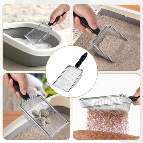 Stainless Steel Mesh Litter Shovel, Fine Mesh Metal Reptile Litter Cleaner Scooper, Black Non-Slip Handle Sifter for Lizard Substrate Reptile Terrarium Sand Waste, 2.8mm Mesh