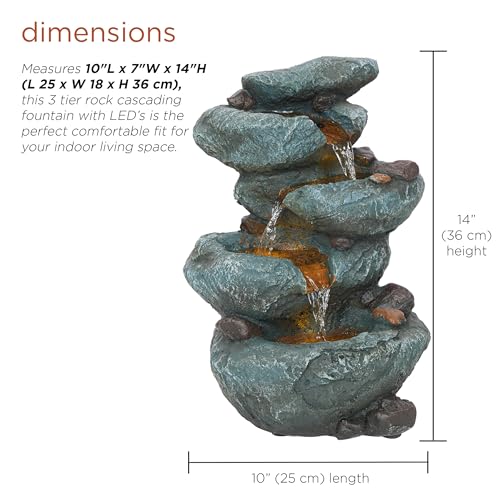 Alpine Corporation TZL418 14" 3 Tier Rock Fountain with LED Lights, Elegant Cascading Water Feature for Tabletop, Indoor Decor, Relaxing Stone Waterfall for Home & Office, Gray - style: Elegant Rock w/ LED Lights