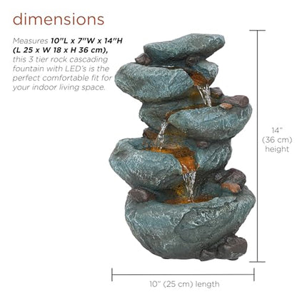 Alpine Corporation TZL418 14" 3 Tier Rock Fountain with LED Lights, Elegant Cascading Water Feature for Tabletop, Indoor Decor, Relaxing Stone Waterfall for Home & Office, Gray - style: Elegant Rock w/ LED Lights