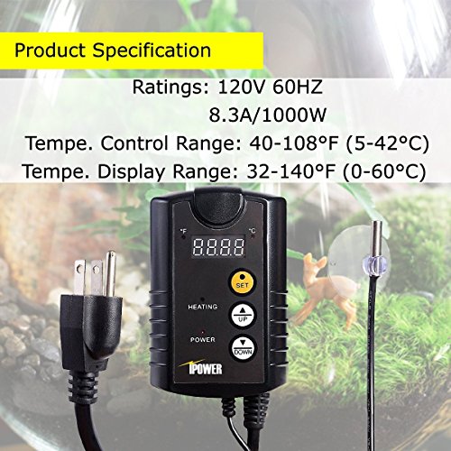 iPower GLHTMTCONTROL 40-108 Degrees Fahrenheit Digital Heat Mat Thermostat Controller for Seed Rooting Germination Reptiles, Fermentation and Brewing, 1000W-Black, Black - size: 1000W-Black, style: 1 Pack