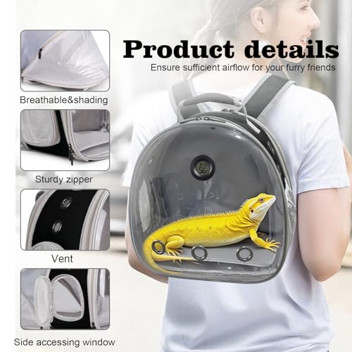 Bearded Dragon Travel Backpack Carrier with Reptile Thermometer and Humidity Gauge Lizard Travel Cage Space Capsule Clear Bubble Window Astronaut Reptile Bag for Ball Python (Black, BE Backpack) - color: Black, size: 11.8"L x 7.2"W x 11.8"H