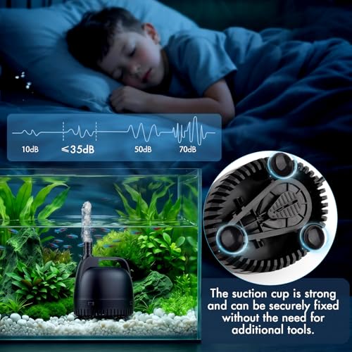 hygger 264GPH Aquarium Submersible Pump, Fish Tank Water Pump Adjustable Flow with 2 Nozzles, 5.5 ft High Lift Quiet Fountain Pump for Aquarium, Pond, Hydroponics, Water Garden - size: S