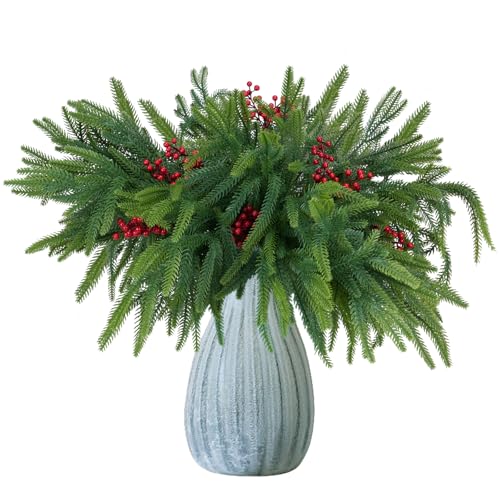 18Inches 16pcs Christmas Norfolk Pine Stems with Berry Set,Artificial Norfolk Branch 8pack, Faux Berry Stem 8pack,Fake stem Greenery Pine Picks for Indoor Home Vase DIY Outdoor Wreath Decoration - color: Pine-8-8