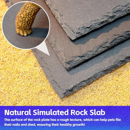 Natural Slate Basking Platform for Reptiles Bearded Dragon Tortoise Turtle Habitat Accessory Heat Retention, Anti-Slip Design, Feeding Tray Functionality, and Superior Water Absorption (12'' x 6'') - size: 12'' x 6''