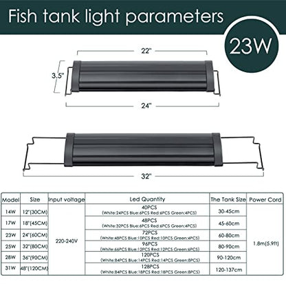 AQQA Aquarium Light,Full Spectrum LED Fish Tank Lights,12"-54" Adjustable Multi-Color White Blue Red Green LEDs with Extendable Brackets,14W-31W for Freshwater Plants (23W (24"-32")) - size: 23W (24"-32")
