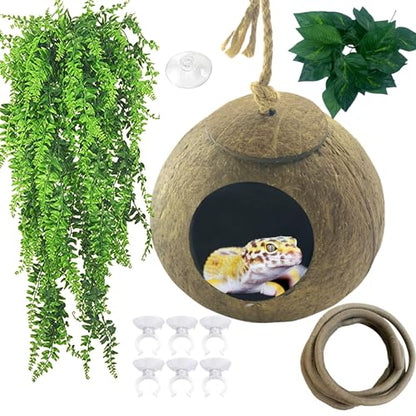 Crested Gecko Coconut Hut,Leopard Gecko Natural Coco Shell Den Reptiles Habitat Durable Hanging Cave Hideouts Plants Climbing Decoration for Amphibians and Small Animals(4 Pcs)