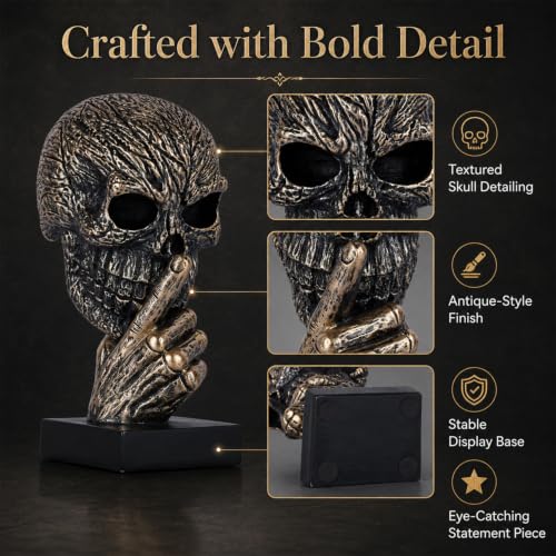 Black and Gold Speak No Evil Skull Sculpture – Gothic Halloween Figurine for Shelf or Desk, Resin Bronze Skeleton Statue for Goth Weird Home Decor, Dark Academia Office Spooky Accent