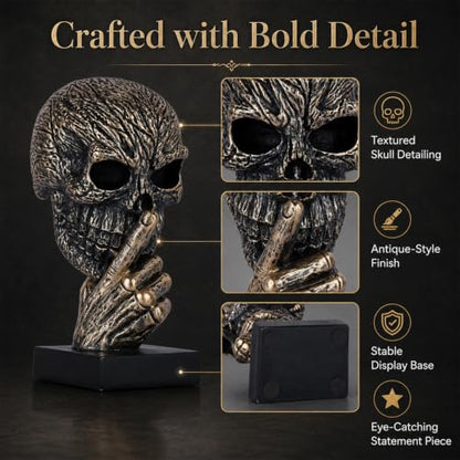 Black and Gold Speak No Evil Skull Sculpture – Gothic Halloween Figurine for Shelf or Desk, Resin Bronze Skeleton Statue for Goth Weird Home Decor, Dark Academia Office Spooky Accent
