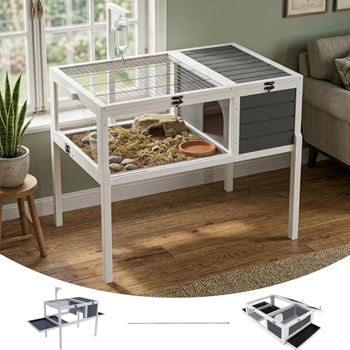 Gray Reptile Enclosure Tortoise Habitat - Wood Turtle House with Lamp Holder and Tray for Outdoor Indoor, Tortoise Enclosure with Large Window and Openable Top for Turtles, Lizards, Geckos - color: Gray