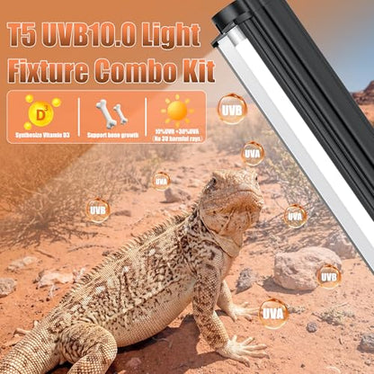 T5 UVB 10.0 Reptile Light Fixture Combo Kit (34Inch(Large)) | 39W UVB 10.0 Light Bar with T5 HO Terrarium Hood Light Fixture for Desert Reptiles, Bearded Dragons, Lizards, Tortoises - size: 34Inch(Large)