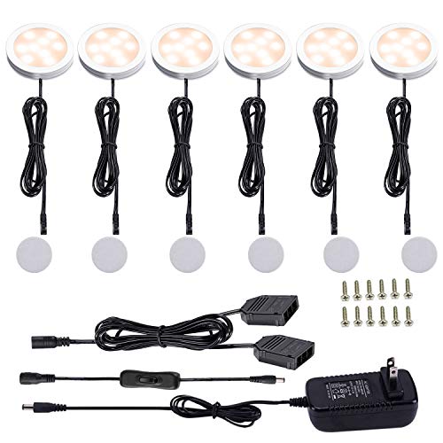 AIBOO 12V LED Under Cabinet Lights Kit 6 Pack Black Cord Aluminum Puck Lamps for Kitchen Counter Closet Lighting with Manual on/Off Switch 12W 6 Lights (2700K Warm White) - color: 2700K Warm White