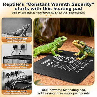 USB Reptile Heat Pad, 8"X8" 12W Heat Mat for Reptiles, Reptile Heating Pad Under Tank Terrarium Heating Mat Waterproof for Plants, Seeds, Lizard, Snake, Turtle, Hermit Crab - size: 12W