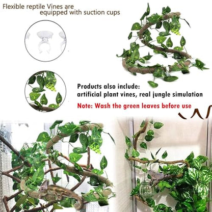 Hamiledyi 5 Pcs Reptile Plants Terrarium Hanging Fake Plant Leaves and Reptile Driftwood Branch Decor Terrarium Ornament Wood for Snake Bearded Dragon Leapord Gecko