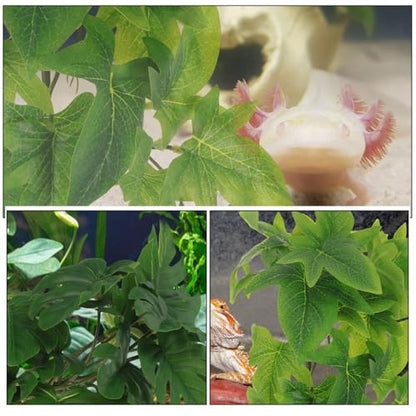 Hemoton 2pcs Hanging Reptile Plants for Terrarium with Suction Cups, Artificial Plastic Leaves 23-Leaf Monstera and Sweet Potato for Amphibian Habitat Decoration
