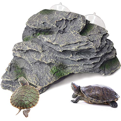 PINVNBY Turtle Basking Platform, Reptile Climbing Shale Resin Ledge Stone, Aquarium Ornament Rock Landscaping Decoration with Suction Cups for Frogs Newts Lizard (Large:7.1”Lx6.3”Wx2.7”H)
