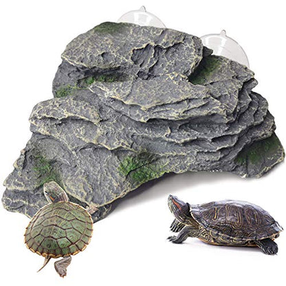 PINVNBY Turtle Basking Platform, Reptile Climbing Shale Resin Ledge Stone, Aquarium Ornament Rock Landscaping Decoration with Suction Cups for Frogs Newts Lizard (Large:7.1”Lx6.3”Wx2.7”H)