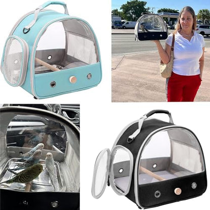 Bird Carrier, Portable Small Bird Parrot Parakeet Carrier with Standing Perch and Stainless Steel Tray, Side Access Window Collapsible (Black, Clear Windows) - color: Black