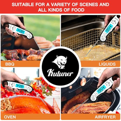KULUNER Instant Read Food Thermometer, White Waterproof Digital Meat Thermometer with 4.6" Folding Probe, Backlight & Calibration, 2-3s Fast Reading for Kitchen Baking Grilling Cooking - White - color: White
