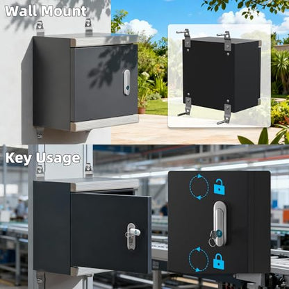 Joinfworld Outdoor Electrical Metal Box 11.8" x 11.8" x 7" Weatherproof Outdoor Junction Enclosure Steel Box with Lock Din Rail Cable Gland - size: 11.8"x11.8"x7"