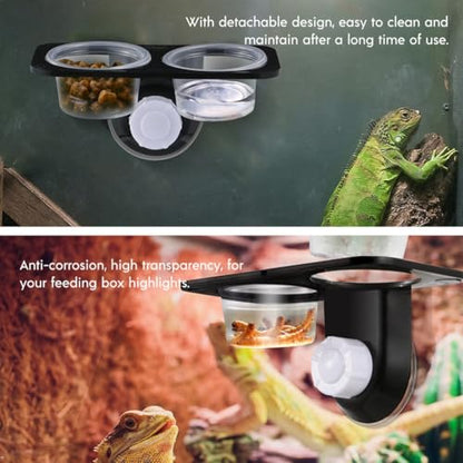 Cabilock Reptile Feeding Bowls with Suction Cups, Double-Compartment Plastic Water and Food Dishes for Lizards and Geckos, Stable Terrarium Feeder Set for Reptile Supplies, 2 Pieces