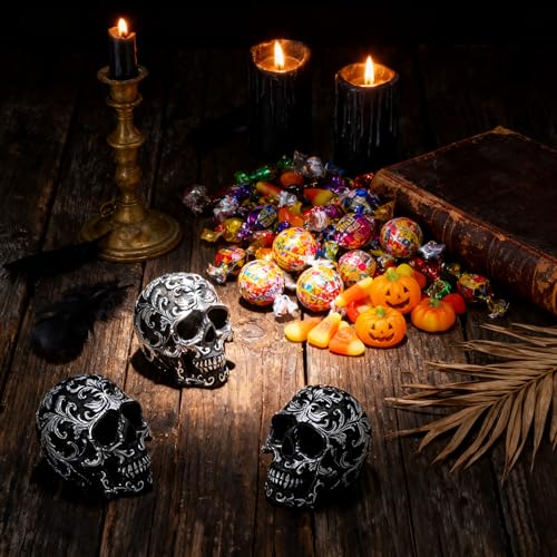 Gothic Skull Home Decor - Realistic Skeleton Skull Head Statue, Halloween Resin Skull Figurine with Silver Designs, 3.62 Inch Fake Skull for Decorations, Party, Home, Desk Skull Head Decor