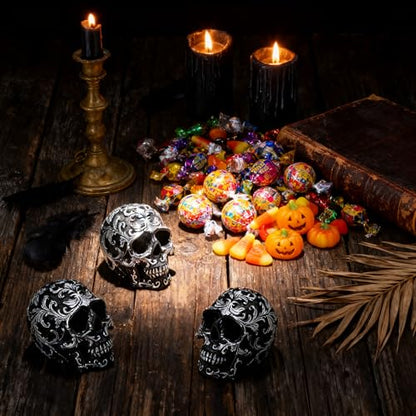 Gothic Skull Home Decor - Realistic Skeleton Skull Head Statue, Halloween Resin Skull Figurine with Silver Designs, 3.62 Inch Fake Skull for Decorations, Party, Home, Desk Skull Head Decor