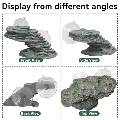 Turtle Basking Platform with Suction Cup, Resin Baby Tortoise Climbing Ramp Rock for Aquarium, Resting Terrace Stone Reptile Dock Ornament for Terrapin Lizard Frogs Newts Tank