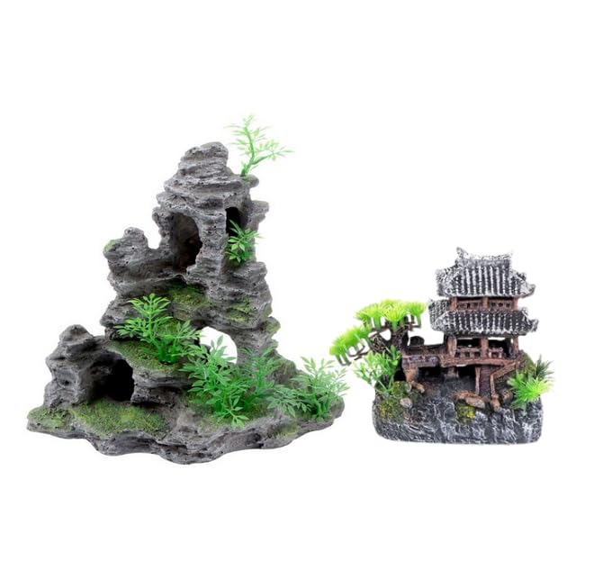 Saim Large Aquarium Decor Set - Resin Castle & Mountain Stone, 2Pack | Resin Castle and Mountain View Stone Ornament, Fish Tank Rock Decor & Aquatic Plant Background, Freshwater/Saltwater Tanks - size: 11.5x6x10.6+5.83x3.74x5.91