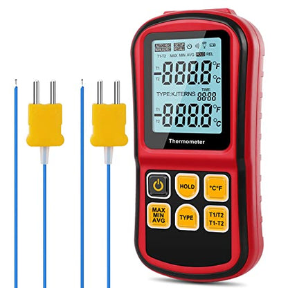Leaton Digital Thermometer Dual Channel Thermometer Temperature Thermometer with Two K-Type Thermocouple Probe Backlight LCD K Type Thermometer for K/J/T/E/R/S/N Thermocouple